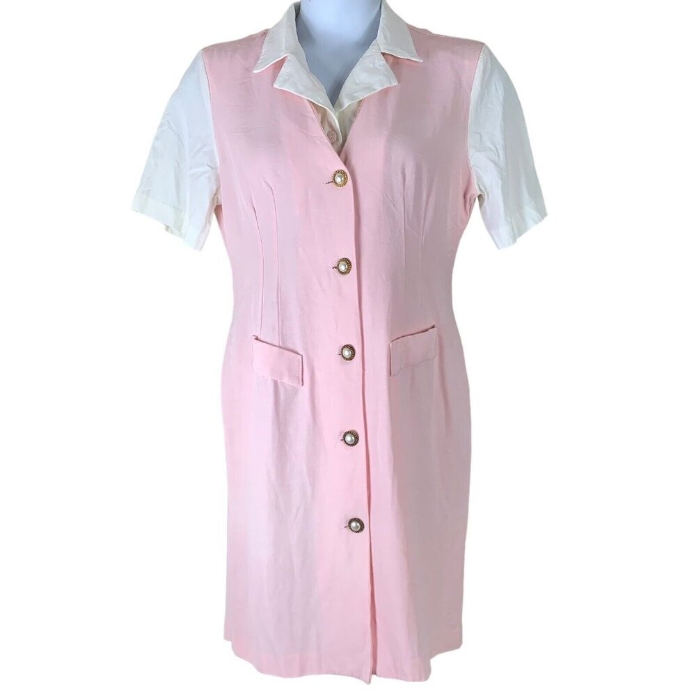 Vintage Dress Size 12 Styleworks Pastel Pink White Button Up Shoulder Pads